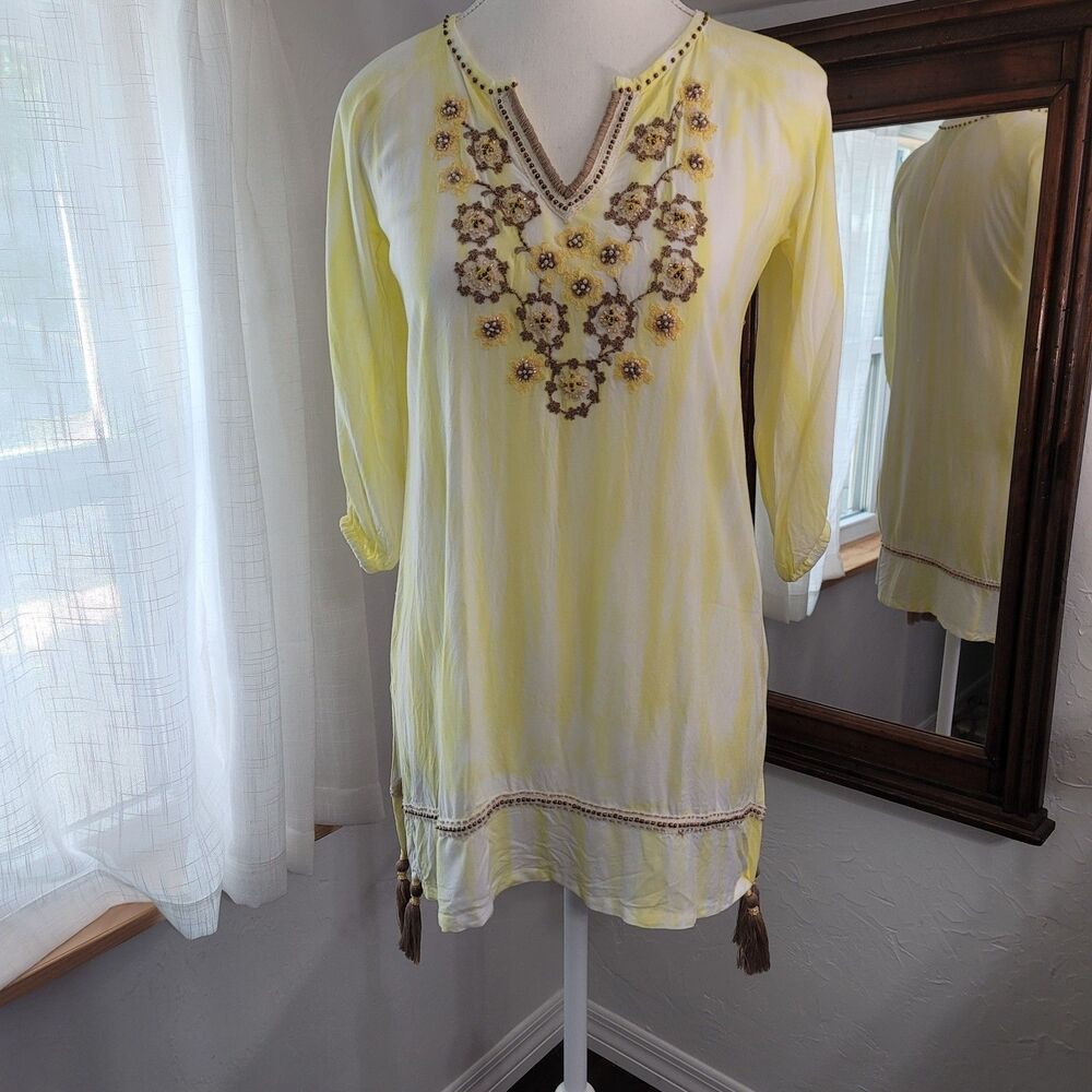 Skemo Embellished Tie Dye Tunic Top Medium Yellow Beaded Cover Up Mini Dress